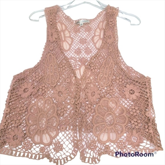 𝅺SOLITAIRE Boho Dusty Rose Crocheted Vest Size Large - Picture 2 of 6